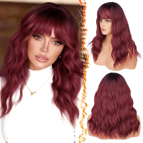 Miniatura 36 de BARSDAR Peluca rubia corta ondulada con flequillo, pelucas cortas onduladas de 14 pulgadas para mujer, pelucas sintéticas suaves hasta el hombro