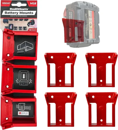 StealthMounts Soporte de batería compatible con Milwaukee M18 (paquete de 4) - Soportes de batería rojos | Fabricado en el Reino Unido