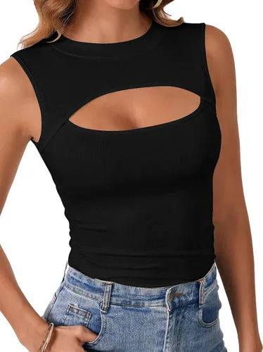 Miniatura 3 de Vrtige Camiseta sin mangas sexy con cuello redondo para mujer, de punto acanalado, sin mangas, ajustada