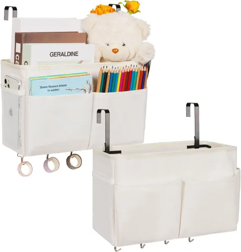 Miniatura 11 de Organizador de almacenamiento de mesita de noche, 5 bolsillos con 4 ganchos, bolsa de almacenamiento colgante para cabeceros/literas (gris)
