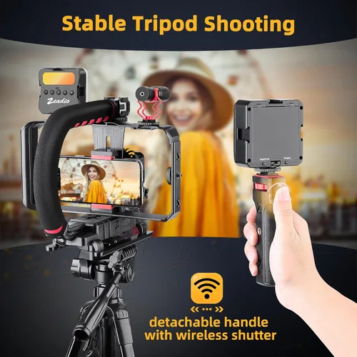 Miniatura 5 de Zeadio Kit estabilizador de cámara para smartphone, mango portátil, soporte de video portátil con luz de video RGB y micrófono, se adapta a todas
