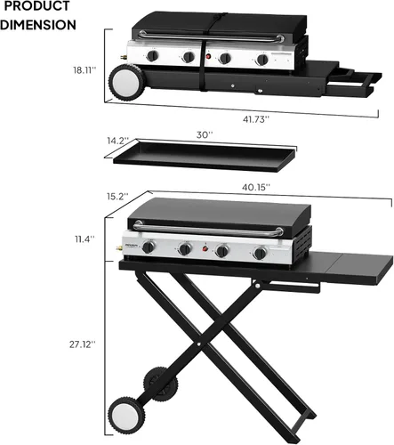 Miniatura 6 de ROVSUN Parrilla plegable de 4 quemadores de propano con ruedas, bandeja esmaltada y tapa, parrilla de gas portátil de 40,000 BTU con encendido