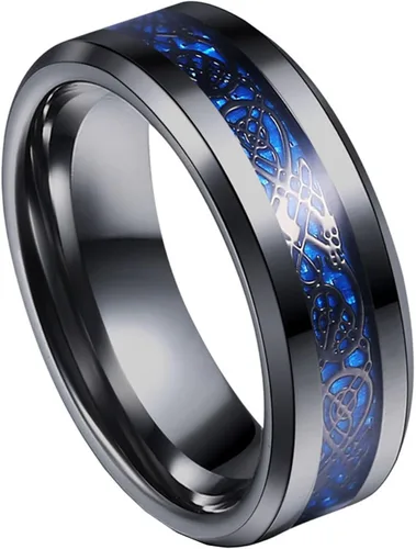 Tanyoyo 0.315 in Azul Negro Dragón Patrón Biselado Bordes Celtas Anillos Joyería Anillo de Boda Para Hombres 7-14, Acero inoxidable, fibra de