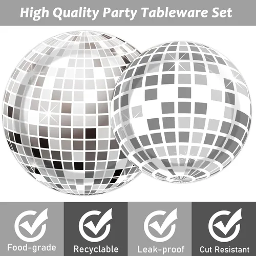 Miniatura 4 de 96 piezas de platos para fiesta de disco, decoración temática de bola de disco, platos de papel plateado para pastel y servilletas, juego de vajilla