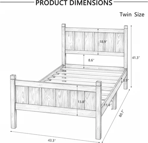Miniatura 2 de Bellemave Cama de panel plano de tamaño individual con cabecero y estribo, cama de plataforma minimalista y moderna con acabado de grano de madera