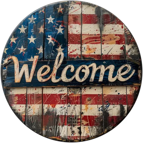 Letrero de metal con bandera americana, letrero redondo de aluminio para casa de campo, cocina, exteriores, exteriores, hogar, patio, decoración de
