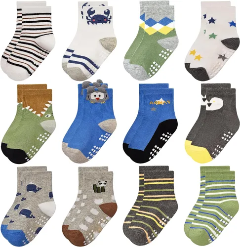 Calcetines antideslizantes para niños pequeños con agarre, 12 pares de calcetines antideslizantes de dibujos animados para niños y niñas