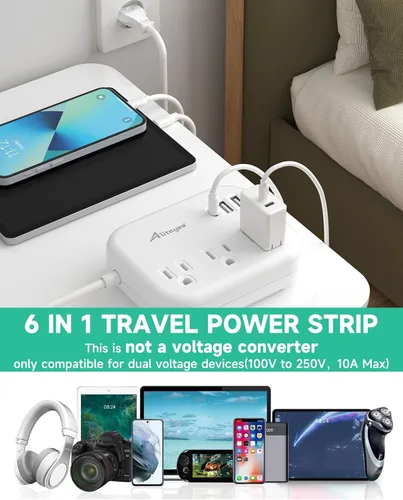 Miniatura 3 de Alitayee - Adaptador de enchufe de viaje europeo, regleta de alimentación de viaje UE/Reino Unido y EE. UU. con 3 tomacorrientes, 3 puertos USB