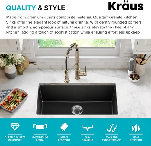 Miniatura 2 de Kraus Quarza - Fregadero de cocina de granito para montar por debajo, cajón único de 31 pulgadas, en ónix negro, KGU-413B