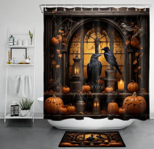Miniatura 35 de LB Cortina de ducha de feliz Halloween para baño, flamenco rosa y calabaza naranja con sombrero mágico, cortina de ducha de tela con ganchos, juego