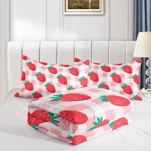 Miniatura 5 de Juego de ropa de cama Kawaii de fresa para niñas, juego de ropa de cama con patrón de cuadrícula rosa con 1 edredón y 2 fundas de almohada