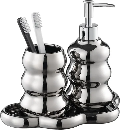 Miniatura 13 de Juego de accesorios de baño plateados, juego de accesorios de baño de cerámica de mosaico incluye dispensador de loción, vaso de soporte para Plata