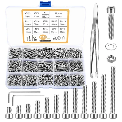 1110 tornillos métricos pequeños M3 con tuercas, kit surtido de tapas de cabeza hexagonal y tuercas, tornillos y pernos de repuesto de acero Plata