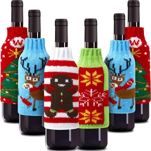 Boao 6 juegos de fundas navideñas para botellas de vino y sombreros, decoración hecha a mano, suéter feo, vestido de botella de vino, vestido de