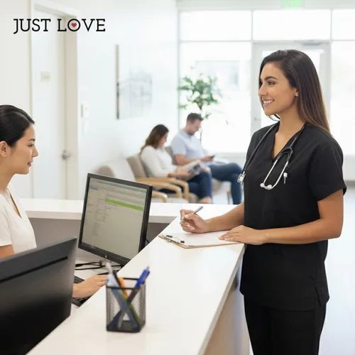 Miniatura 6 de Just Love Juego de uniforme médico para mujer de seis bolsillos con cuello en V y pantalón cargo