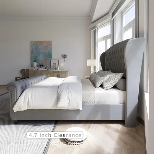 Miniatura 6 de AMERLIFE - Marco de cama tamaño King con plataforma, cama de estilo trineador tapizada en terciopelo con cabecero y pie de cama con alas onduladas