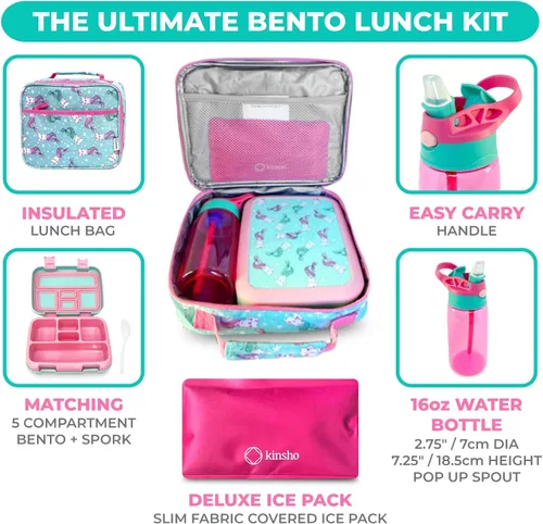 Miniatura 2 de Juego de lonchera bento con bolso de aislamiento, botella de agua y bolsa de hielo para niños y niñas pequeños 5 secciones de porciones, bandeja