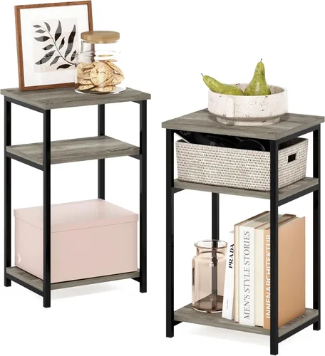 Miniatura 27 de Furinno JUST - Mesita lateral de 3 niveles con tubo giratorio N, estante abierto, mesita de noche con esquina curva redonda, mesita de cama, fácil