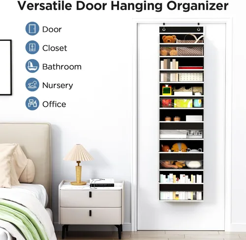 Miniatura 7 de Mefirt Organizador para colgar sobre la puerta, 6 estantes para colgar en la puerta con 6 bolsillos de gran capacidad, estantes colgantes para Negro