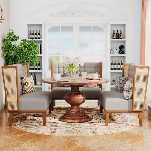 Miniatura 9 de Andeworld Banco de sofá biplaza con brazos de ratán, mini sofá tapizado moderno con respaldo alto, banco de comedor para banqueta para sala de Beige