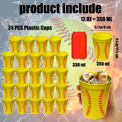 Miniatura 2 de 24 tazas de plástico para fiesta de sóftbol, tazas de plástico reutilizables amarillas de 12 onzas, para decoración de fiesta de sóftbol, tazas