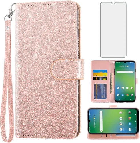 Asuwish Funda para teléfono Cricket Icon 4 con protector de pantalla de vidrio templado y accesorios para celda, ranura para tarjetero, función Oro