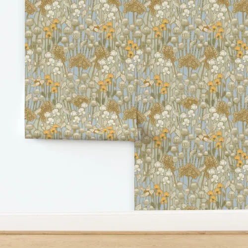 Miniatura 4 de Spoonflower Papel tapiz para despegar y pegar - Amapola Campo Pájaros Crema Neutral Naturaleza Taupe Papel pintado extraíble personalizado
