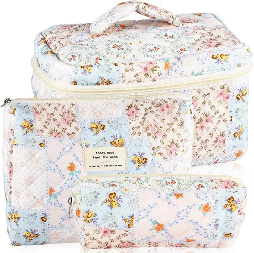 Miniatura 9 de URSKYTOUS Juego de 3 Bolsas de Maquillaje Acolchadas, Set de Bolsas de Cosméticos con Lazo para Viaje, Bolsa Grande de Maquillaje para Mujeres