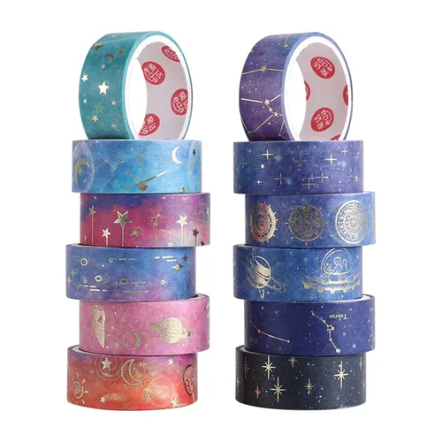 Miniatura 4 de Juego de 12 rollos de cinta adhesiva Galaxy Washi, cinta adhesiva decorativa de lámina dorada para álbumes de recortes, diario, planificador, Galaxy
