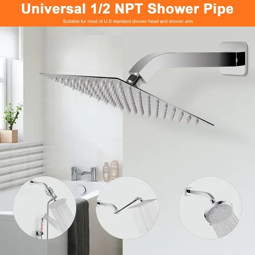 Miniatura 4 de Brazo de ducha con brida y cinta de teflón, tubo de ducha cuadrado montado en la pared, brazo de extensión de acero inoxidable 304 para cabezal