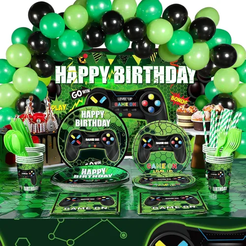 Tatuo 152 piezas de suministros para fiesta de cumpleaños de videojuegos, cubierta de mesa para fiesta de jugadores, telón de fondo de feliz