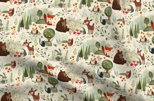 Spoonflower Tela - Animales del bosque del bosque a gran escala búho pino zorro oso ciervo neutro impreso en tela de gasa Fat Quarter - Costura de