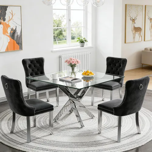 Miniatura 42 de Juego de 4 mesas de comedor de cristal para 4, juego de 4 mesas y sillas de cocina modernas, juego de mesa de comedor de cocina de 5 piezas con mesa