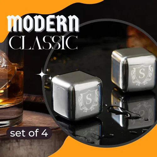 Miniatura 6 de Juego de regalos de piedras de whisky con inicial para hombres y mujeres, 4 piezas de rocas de whisky de acero inoxidable con bolsa y pinzas, cubos T