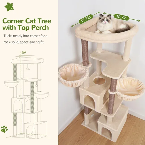 Miniatura 2 de Globlazer Árbol esquinero de 64 pulgadas para gatos grandes de interior, torre para gatos de varios niveles que ahorra espacio con 2 condominios, 2