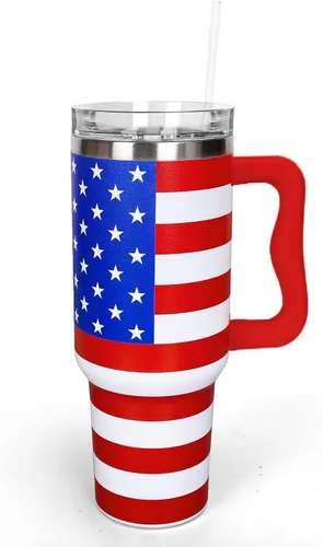 Whaline Vaso patriótico del 4 de julio de 40 oz con asa, pajita y tapa, estrellas y rayas en rojo, azul y bandera de EE. UU., vaso de viaje del día