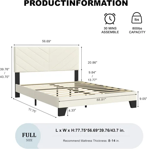 Miniatura 2 de IOILORI Base de cama de tamaño matrimonial con cabecera tapizada, listones de madera resistentes, silencioso, no requiere resortes, fácil de montar
