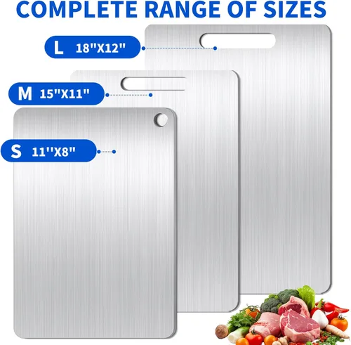 Miniatura 2 de Juego de 3 tablas de cortar de titanio para cocina, tablas de cortar de doble cara de metal de grado alimenticio para encimera de cocina, carne