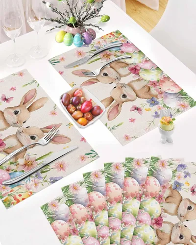 Miniatura 6 de Juego de 4 manteles individuales con diseño floral de conejo de Pascua, manteles individuales lavables para cocina, mesa de comedor, manteles