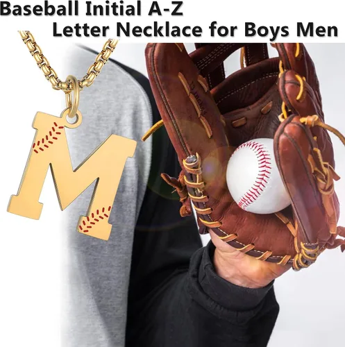 Miniatura 6 de Susook Collar con inicial de béisbol para niños, dije de letra A-Z, cadena de acero inoxidable de 22 + 2 pulgadas, regalo de béisbol personalizado