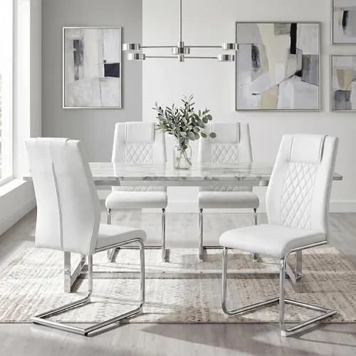 gopop Juego de 4 sillas de comedor, de piel sintética blanca con marco de metal cromado chapado, sillas modernas de cocina con asiento acolchado y