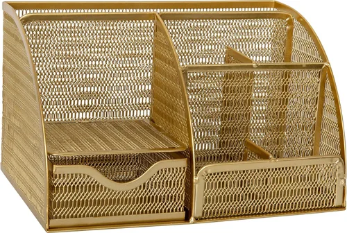 Martha Stewart Ryder - Organizador de escritorio pequeño de metal de malla dorada para accesorios de oficina, cuadernos, soporte para bolígrafos y