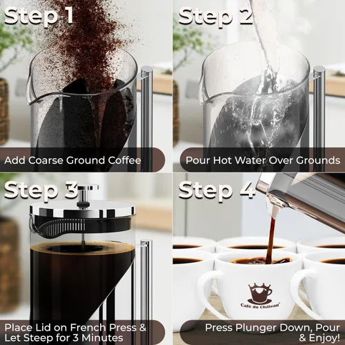 Miniatura 5 de Cafe Du Chateau Cafetera de prensa francesa de acero inoxidable de 34 onzas, prensa de café aislada fácil de usar con filtración de 4 niveles, A.