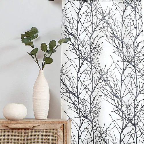 Miniatura 4 de FMFUNCTEX Cortinas de cenefa de ventana con estampado de ramas de árbol negro, cenefa corta semitransparente blanca para cocina, baño, bolsillo