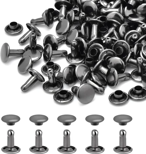 Miniatura 12 de 200 juegos de remaches de cuero con tapa redonda de 6 mm, remaches de doble tapa, pernos metálicos tubulares para reparación de llaveros de bolso