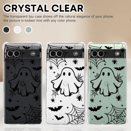Miniatura 3 de Funda de Halloween para Google Pixel 6A transparente con diseños de murciélagos fantasmas, funda para teléfono para niñas, elegante, delgada, a