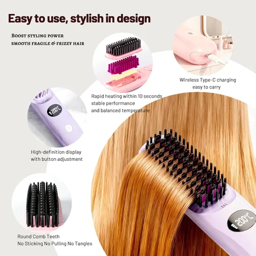 Miniatura 2 de Go Brush Pro 2026 Cepillo alisador de cabello inalámbrico, mini alisador de viaje de calor rápido de 30 segundos con 3 ajustes de temperatura