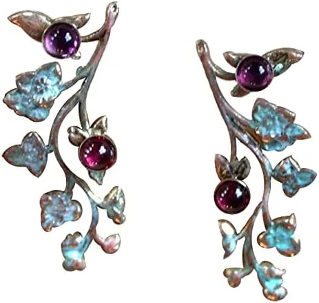 Elaine Coyne Verdigris Patina - Pendientes de vid florales de latón con granate y amatista fabricados en Estados Unidos, Latón, Granate Amatista