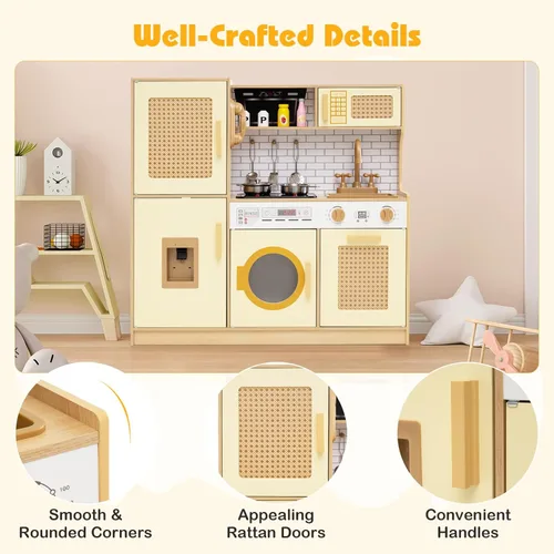 Miniatura 8 de HONEY JOY Cocina de Juguete de Madera con Diseño de Ratán, Juego de Cocina de Juguete para Niños Pequeños, Estufa con Luces y Dispensador de Agua