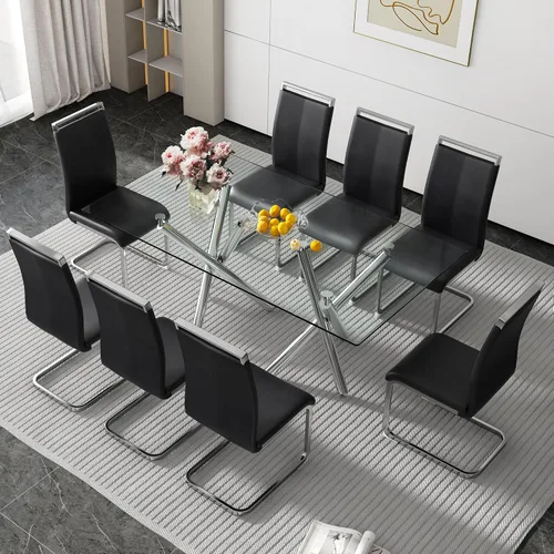 Miniatura 18 de Juego de 8 mesas de comedor de cristal, moderno juego de mesa de comedor de 71 pulgadas con 8 sillas de comedor tapizadas de piel sintética
